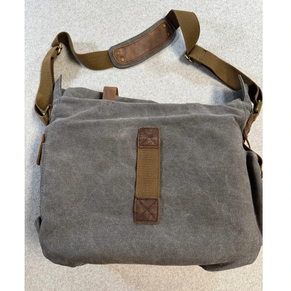 Kattee Canvas Leather Messenger Bag Laptop Briefcase Satchel Brown Gray Work